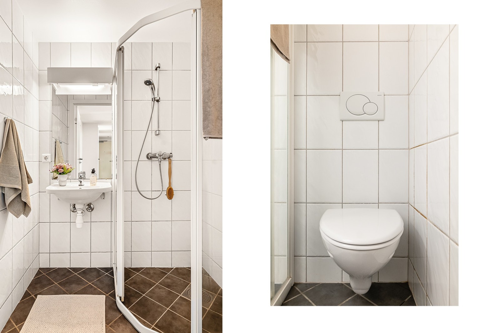 Det minste badet er innredet med dusjhjørne, vegghengt toalett og baderomsinnredning Galleribilde