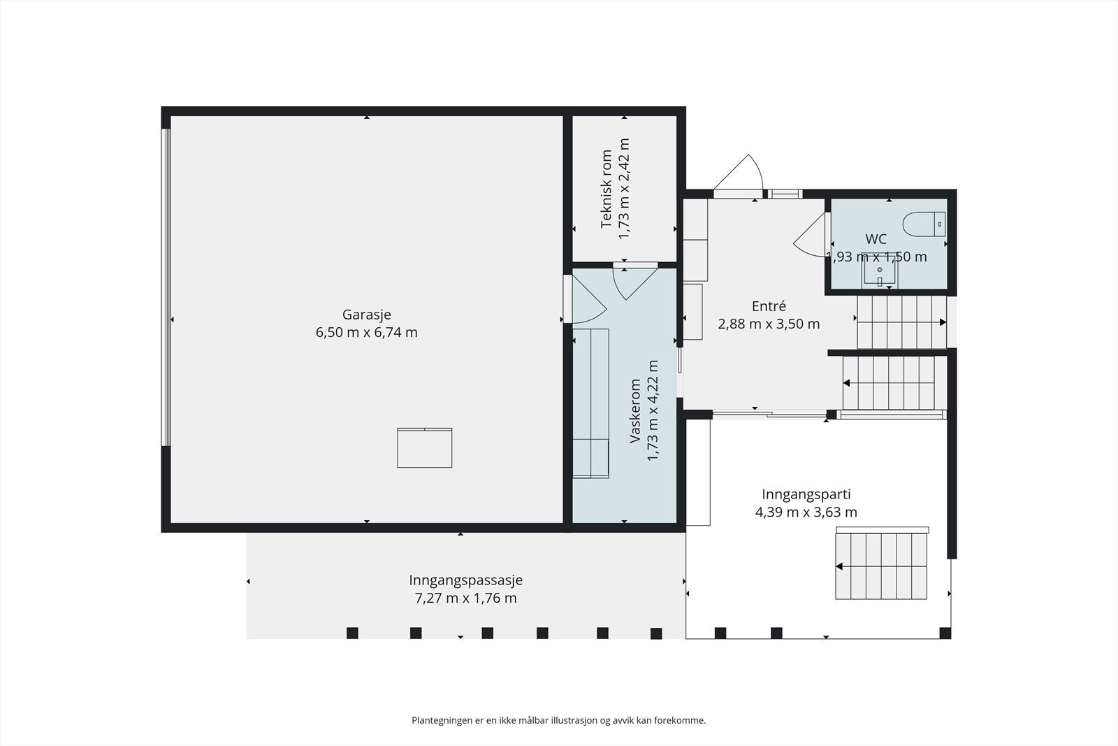 Mellometasjen (der man kommer inn) inneholder en romslig entré, WC, vaskerom, teknisk rom og dobbelgarasje Galleribilde