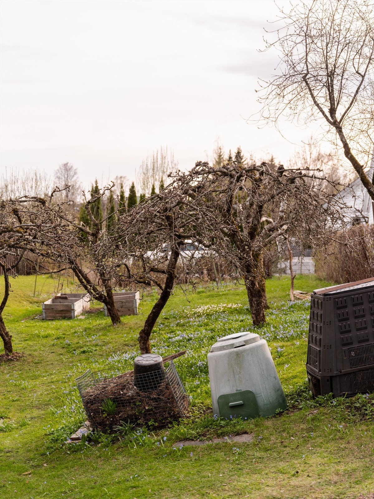 Kjøkkenhage med blant annet poteter og urter, samt blomster som roser, pioner og georginer. Galleribilde