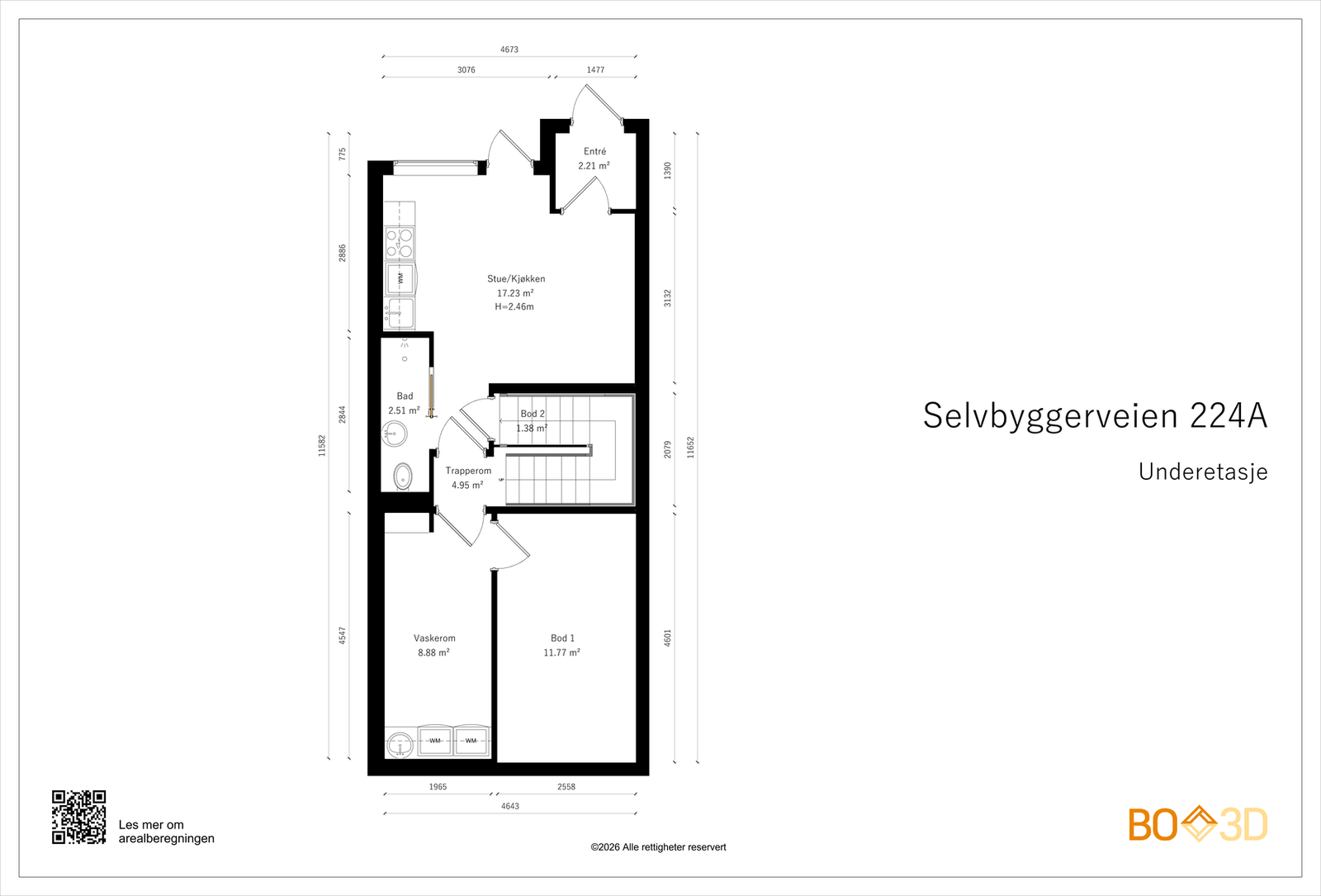 La oss se kjellertasjen; her finnes en stor bod, en innredet bod med vanntilførsel (brukes som vaskerom), samt hybel som idag leies ut for 10.400,-/mnd Galleribilde