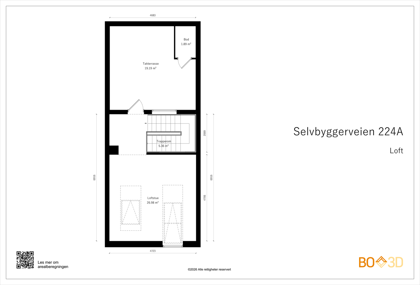 Vi tar turen videre til loftsetasjen som består av koselig loftstue og utgang til flott, romslig takterrasse med langstrakt utsikt ned mot fjorden Galleribilde