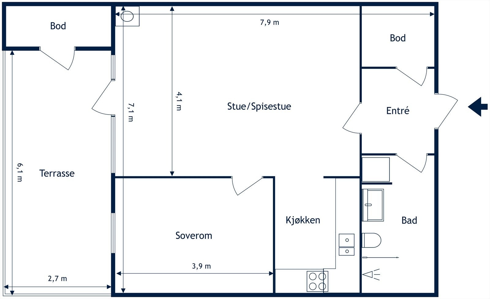 Leiligheten har en arealeffektiv planløsning med stue og kjøkken i åpen løsning, og utgang til den store terrassen. Galleribilde