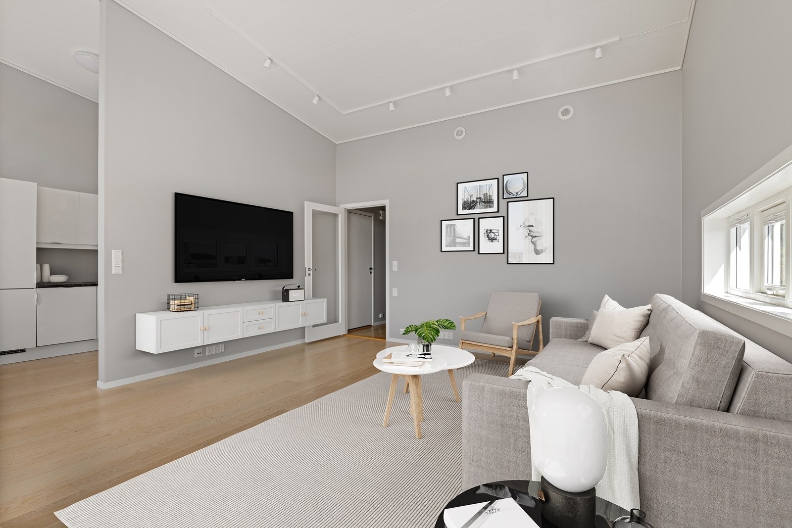 Her er det god plass til både TV-krok og sittegruppe. (Illustrasjon -digital styling) Galleribilde