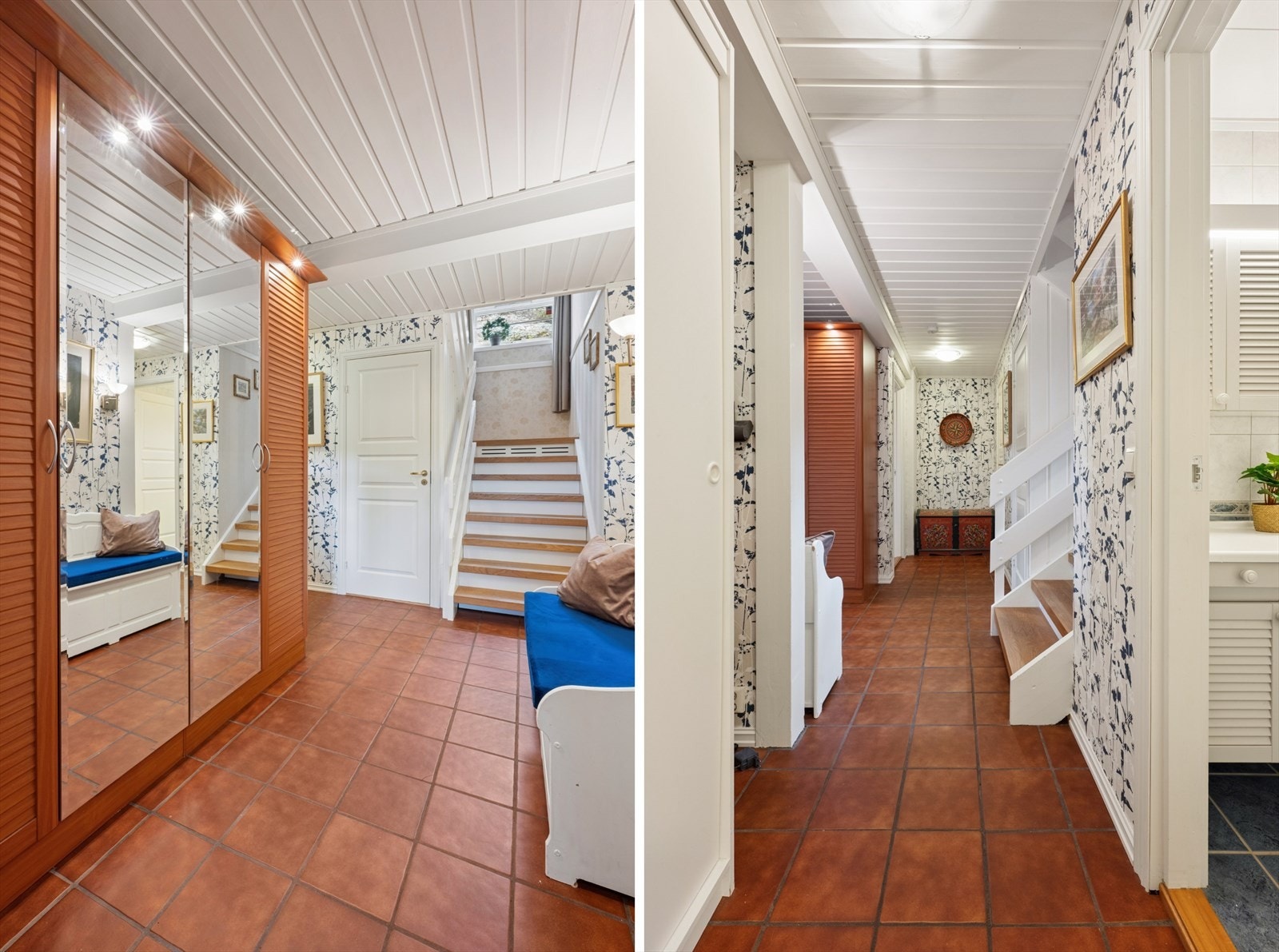 Det er god plass til å henge og sette fra seg sko- og yttertøy i to store garderobeskap. Fra gangen er det trapp opp til boligens øvrige etasjer. Galleribilde