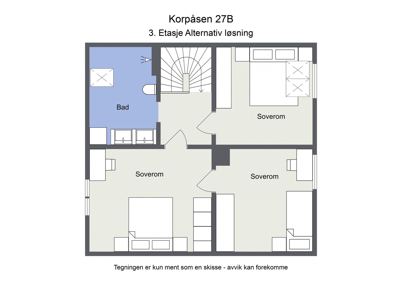 Alt. Plantegning 3.etasje med tre soverom Galleribilde