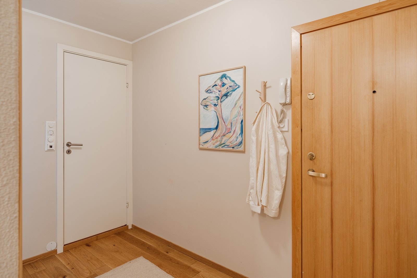 Romslig inngangsparti med god plass til oppbevaring av ytterjakker og sko. Enten kan man sette inn skap/skoskap ved yttergang, eller så kan man ha det mer åpent her og benytte rommet "bak" gangen til dette. Galleribilde