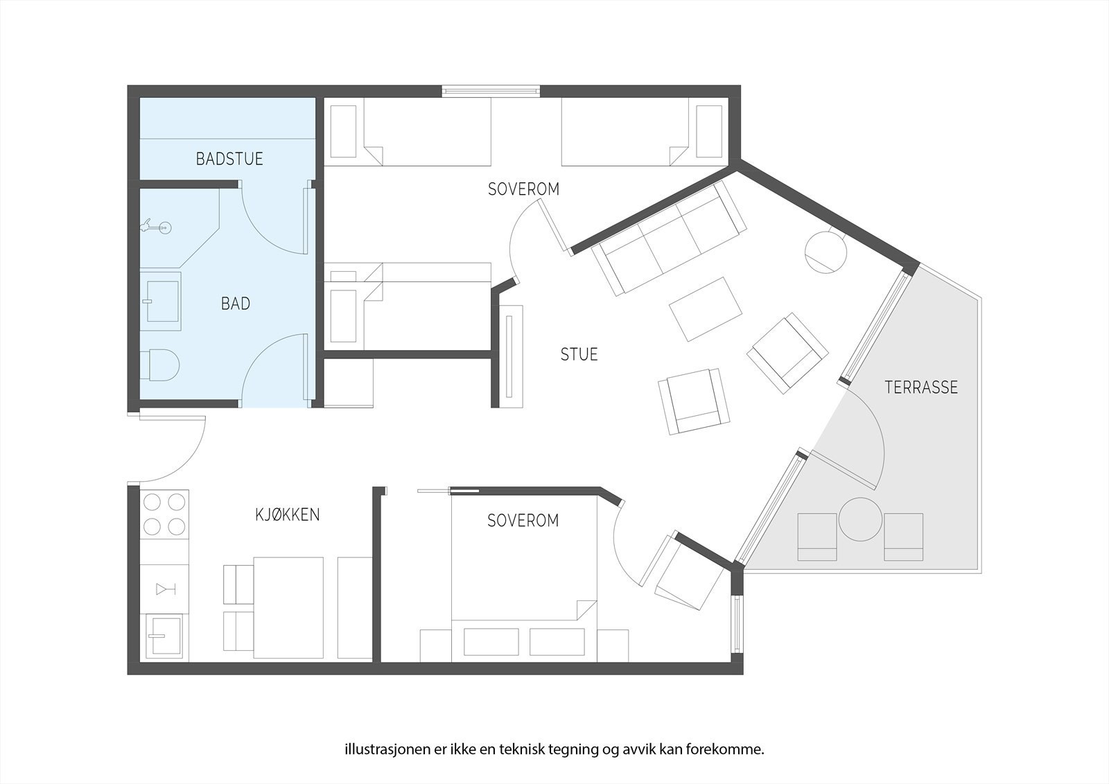 En arealeffektiv planløsning fordelt på 52 m² med to soverom, bad med badstue og stue med utgang til terrasse. Galleribilde