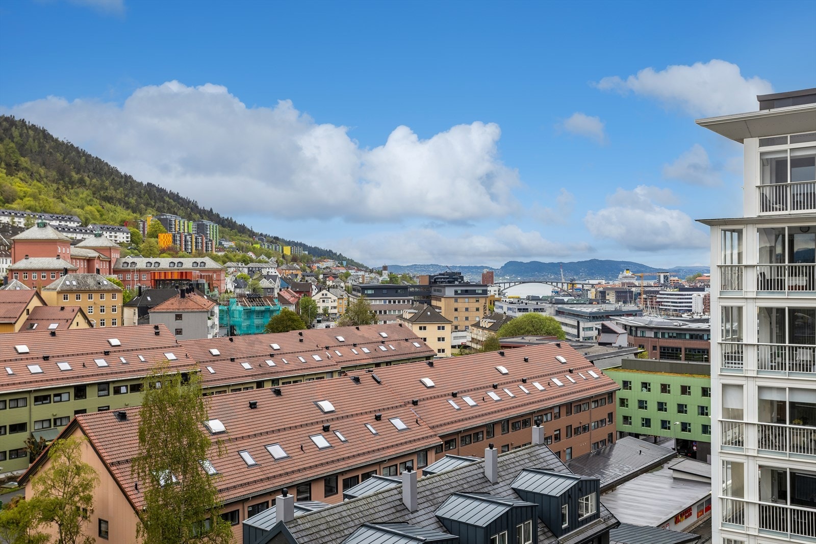 Fra leiligheten er det utsikt mot byfjellene, inkludert Løvstakken. Galleribilde