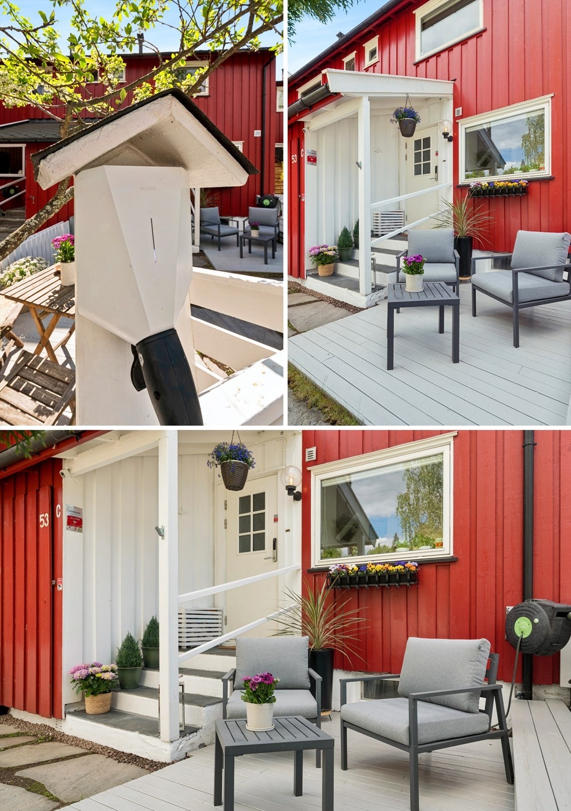 Biloppstillingsplass med lader utenfor inngangen. Utebod. Galleribilde