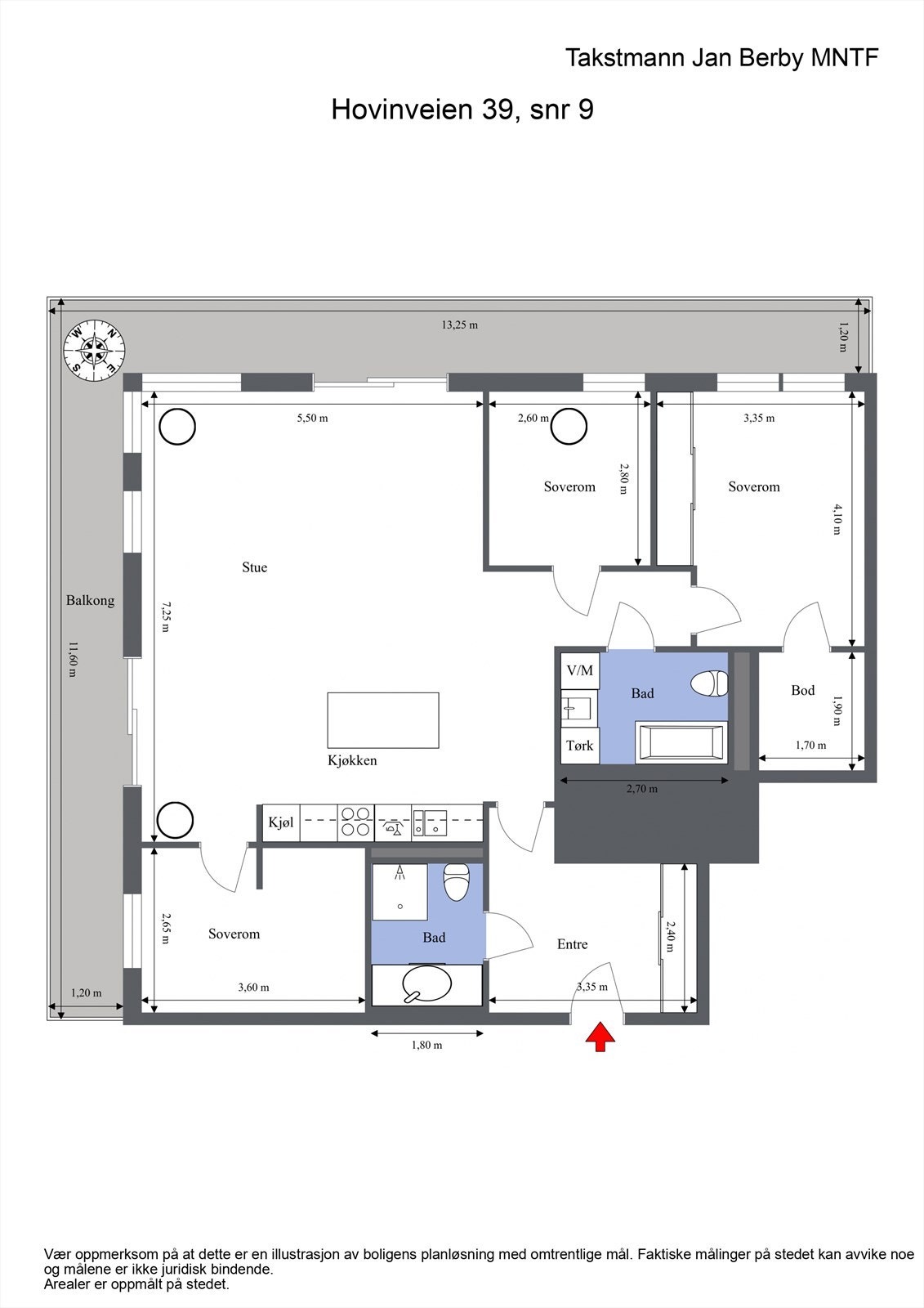 Plantegning. I tillegg disponerer leiligheten to boder og en garasjeplass med lader. Galleribilde