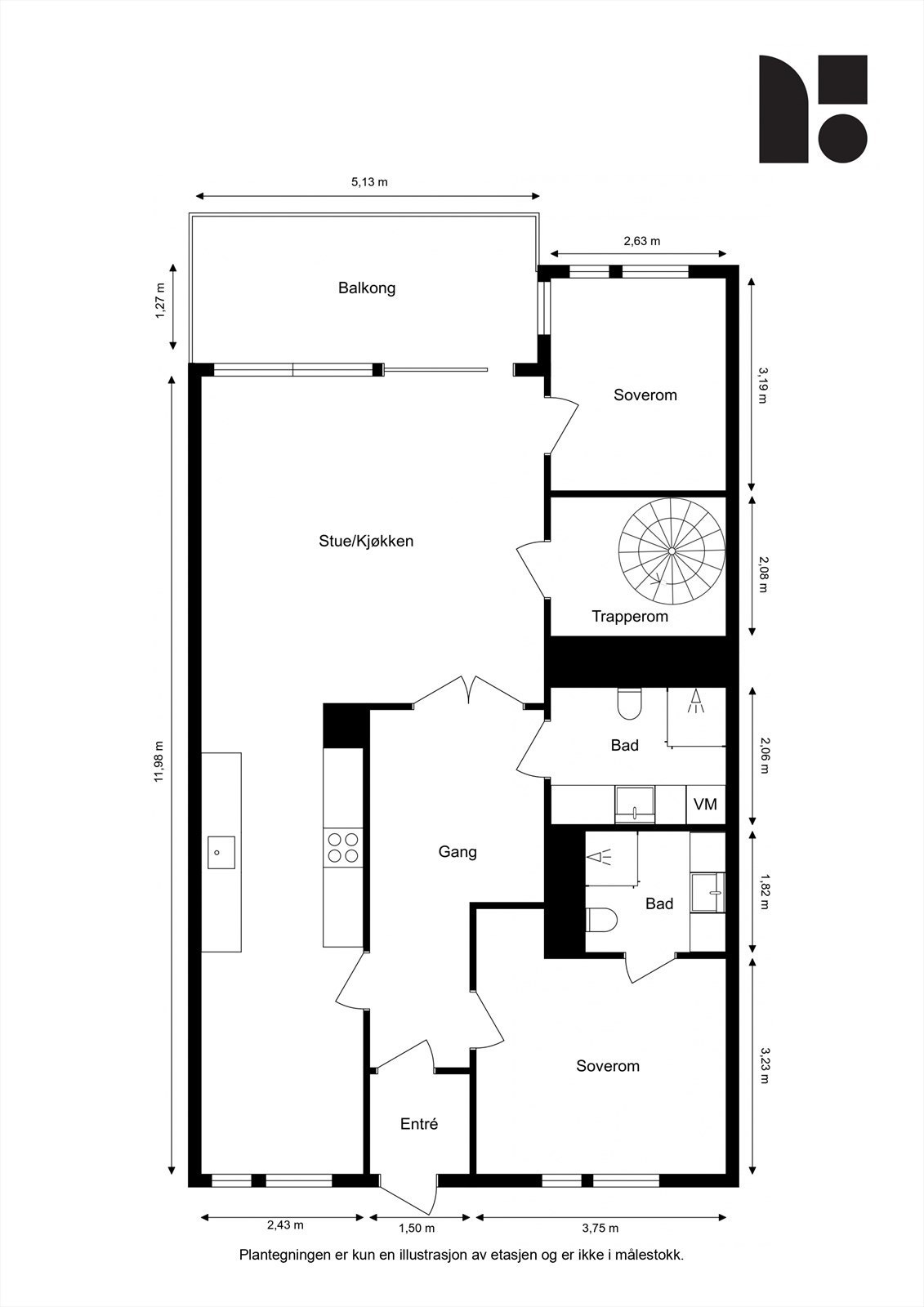 Plantegning 5.etg. Det er mulighet for å etablere et ekstra soverom ved å sette opp en lettvegg mellom kjøkken og spisestue. Galleribilde