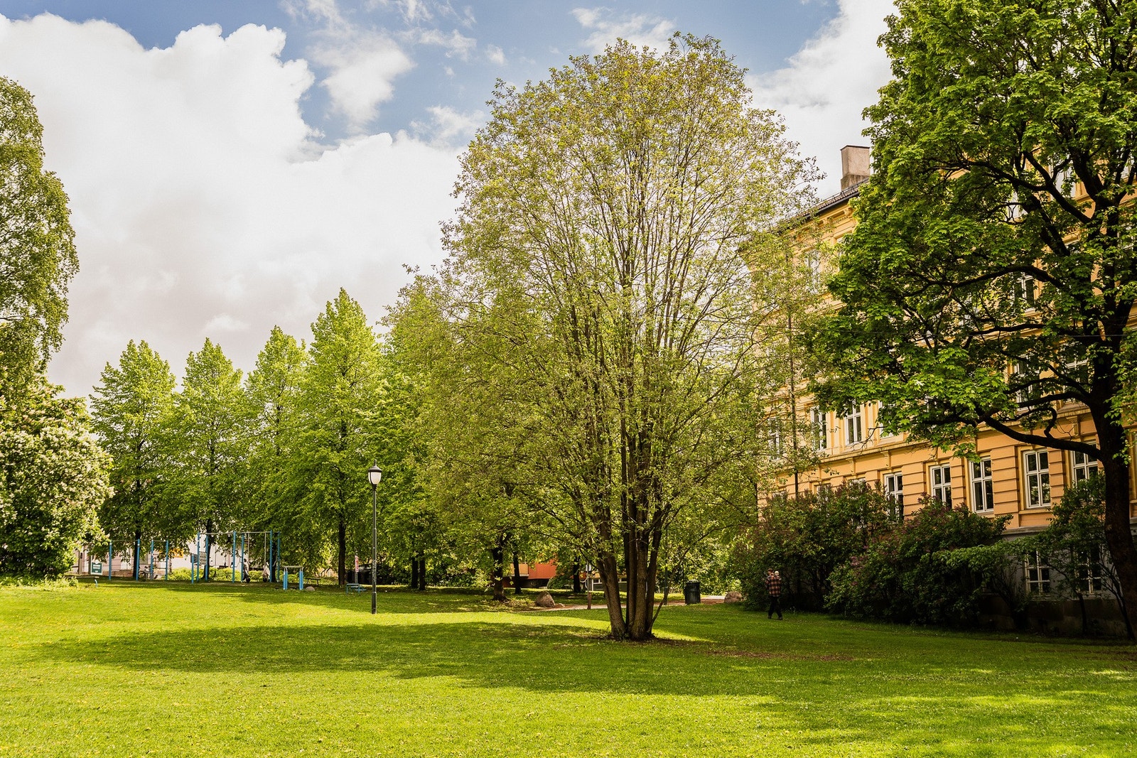 Rett utenfor døren ligger Klosterenga park, en grønn møteplass med gressflater og sitteområder. Galleribilde