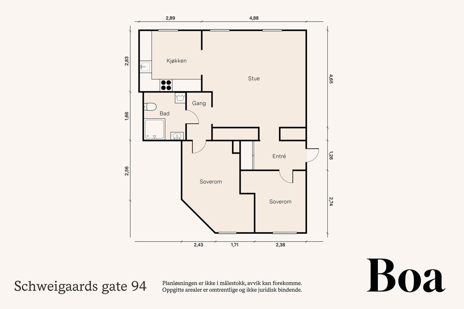 Andelsleiligheten ligger i 1. etasje og består av følgende rom: Entré, kjøkken, stue, to soverom og bad.
Leiligheten disponerer to loftsboder på henholdsvis ca. 3 m² og ca. 3 m², samt en kjellerbod på ca. 7 m² gulvareal. Galleribilde