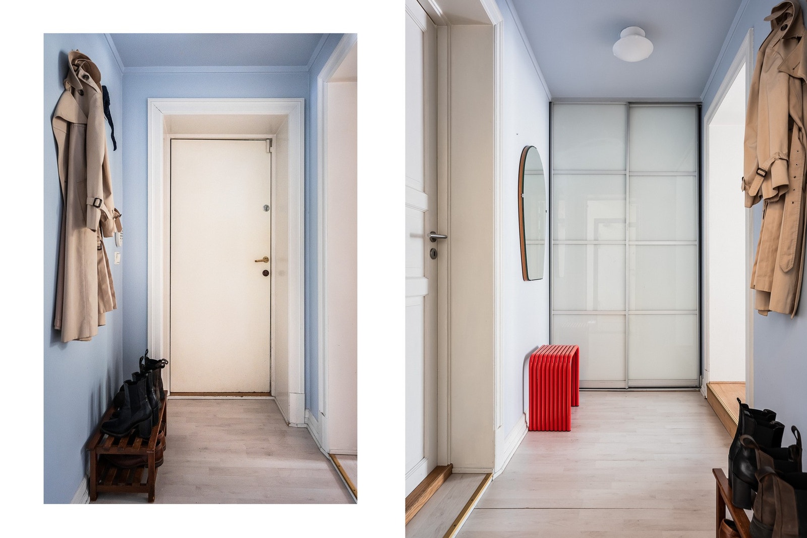 Entréen gir et lyst og ryddig førsteinntrykk, med god oppbevaringsplass i skyvedørsgarderobe med frostede glassfronter. Galleribilde