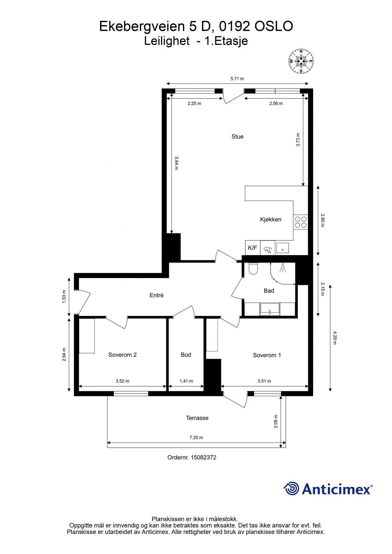 Plantegning. I tillegg disponerer leiligheten en kjellerbod på 4m², samt en garasjeplass (nr 44) i felles garasjeanlegg i kjelleren. Heis i bygget. Galleribilde