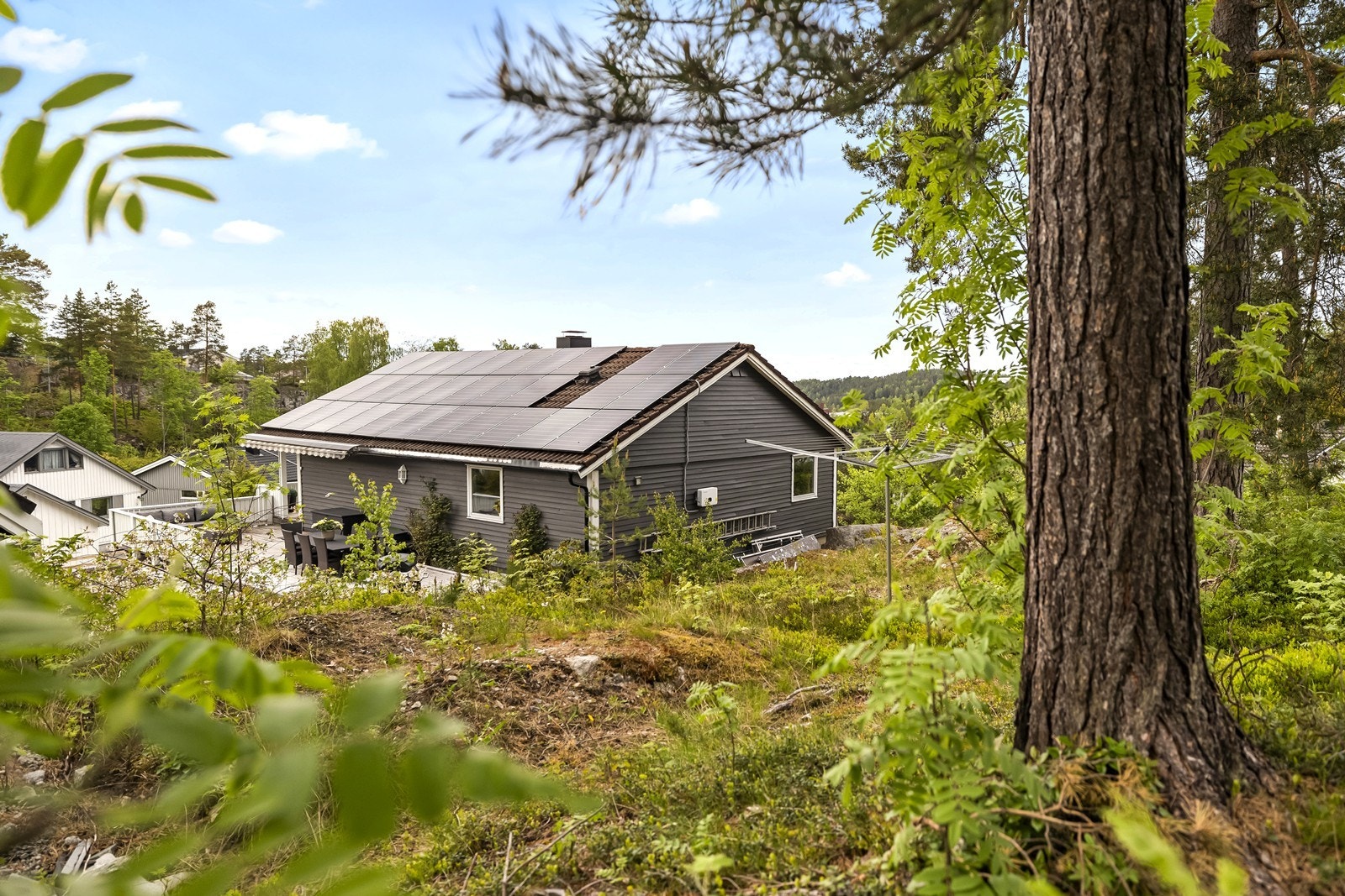 Tilliggende område på baksiden av huset er regulert friområde med naturterreng. Galleribilde