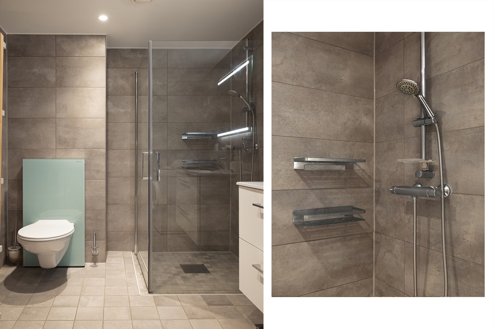 Dusjhjørnet har elegante glassdører og badet er innredet med vegghengt toalett som gir et stilrent og moderne uttrykk. Galleribilde