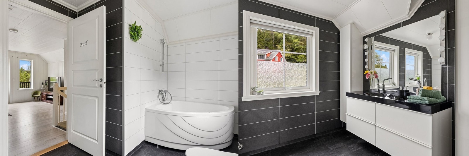 Badet i loftetasjen er romslig og inneholder både hjørne badekar og dusj, dobbel vask og god belysning Galleribilde