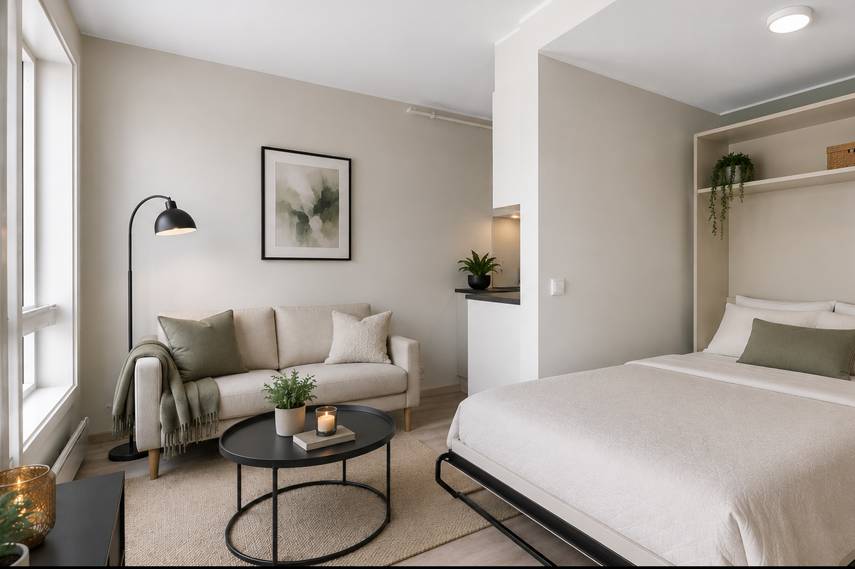 Digital styling er brukt for å illustrere mulig møblering og innredning. Møbler og interiør er lagt til, uten bygningsmessige endringer eller endringer av rom, overflater, utsikt eller lysforhold. Se originale bilder for boligens faktiske tilstand. Galleribilde