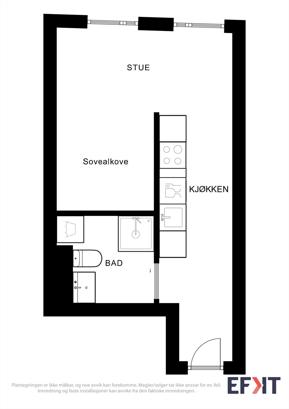 Arealeffektiv planløsning med en åpen sone for entré og kjøkken, og et separat område for stue og sovealkove. Galleribilde