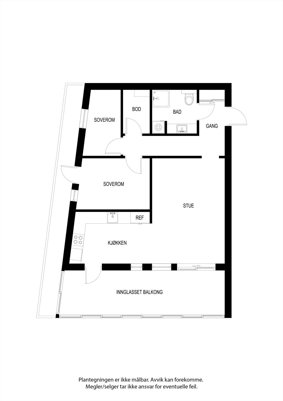 Leiligheten på 73 m² BRA-i har planløsning med åpen stue- og kjøkkenløsning, to soverom og to balkonger. Galleribilde