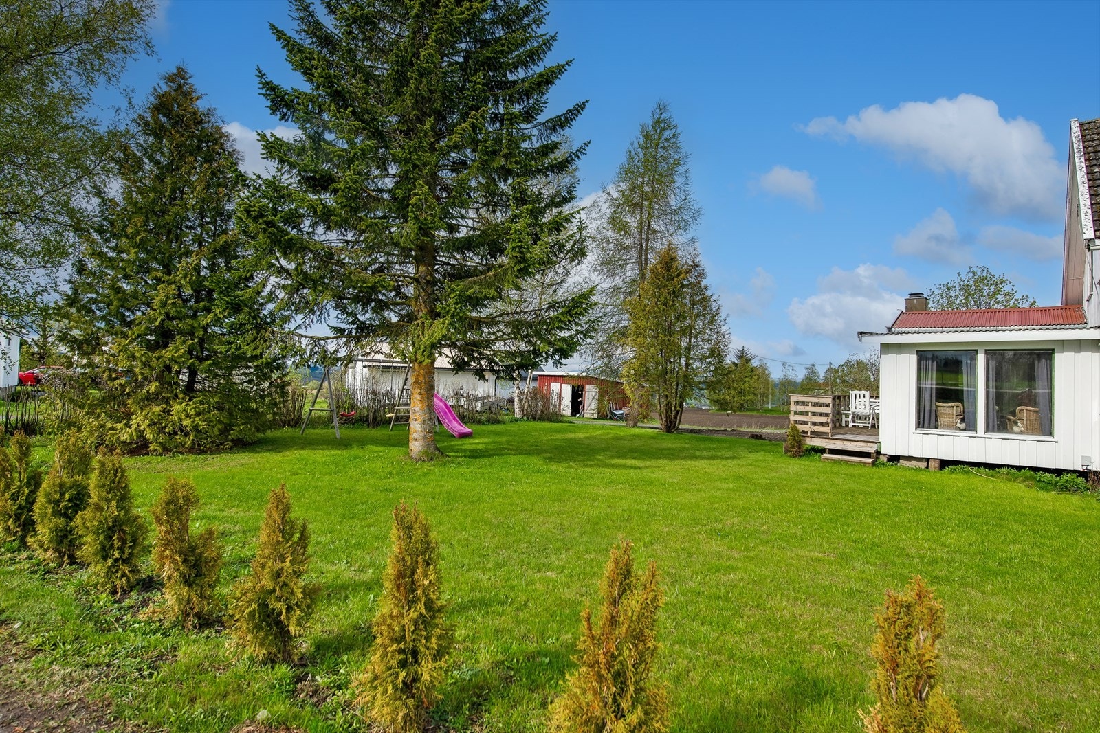 Stor og flat hage som er opparbeidet med plen og beplantning. Galleribilde