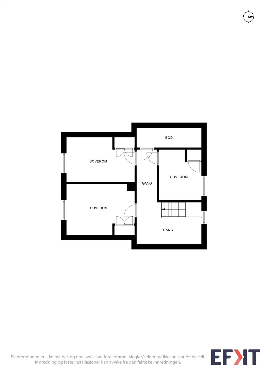 Loftsetasjen utgjør en egen soveavdeling med tre soverom og gang. Galleribilde