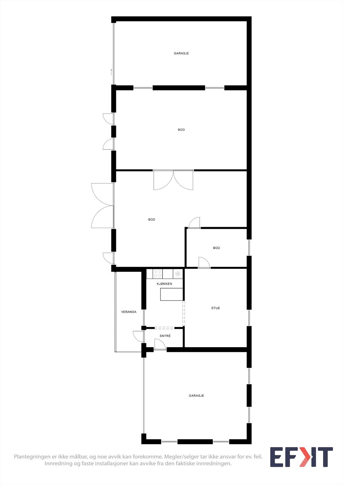 Plantegning av den store uthusbygningen, som inneholder garasjer og boder. Galleribilde