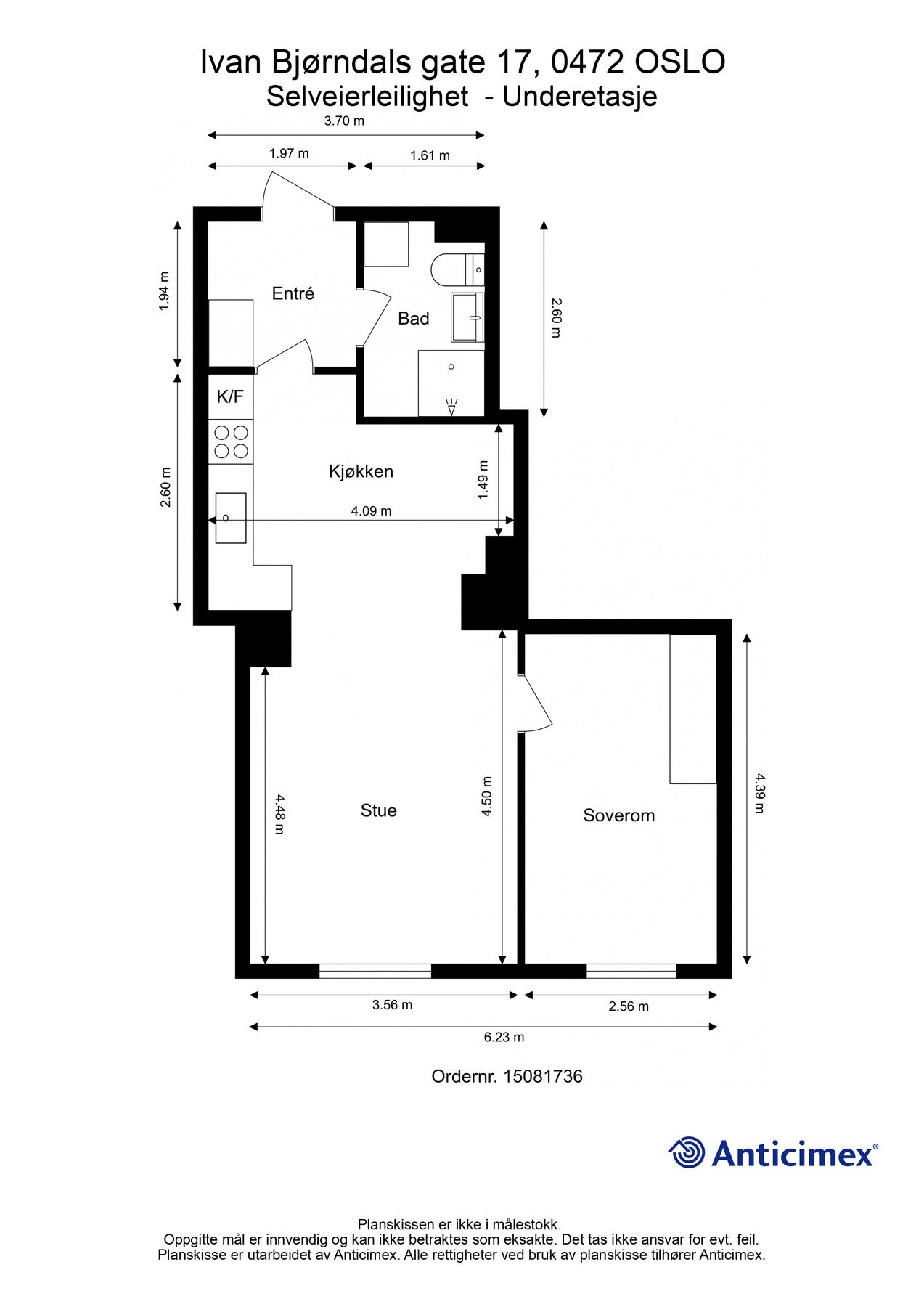 Plantegning. I tillegg disponerer leiligheten en bod på 6m² i underetasjen, samt en garasjeplass. Galleribilde