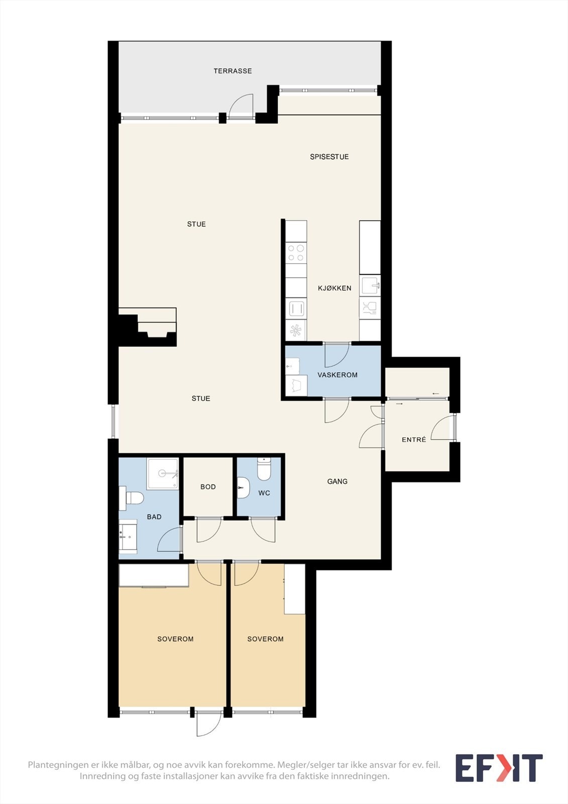 Leiligheten har en arealeffektiv planløsning på ett plan, med to soverom, separat vaskerom og utgang til to uteplasser. Galleribilde