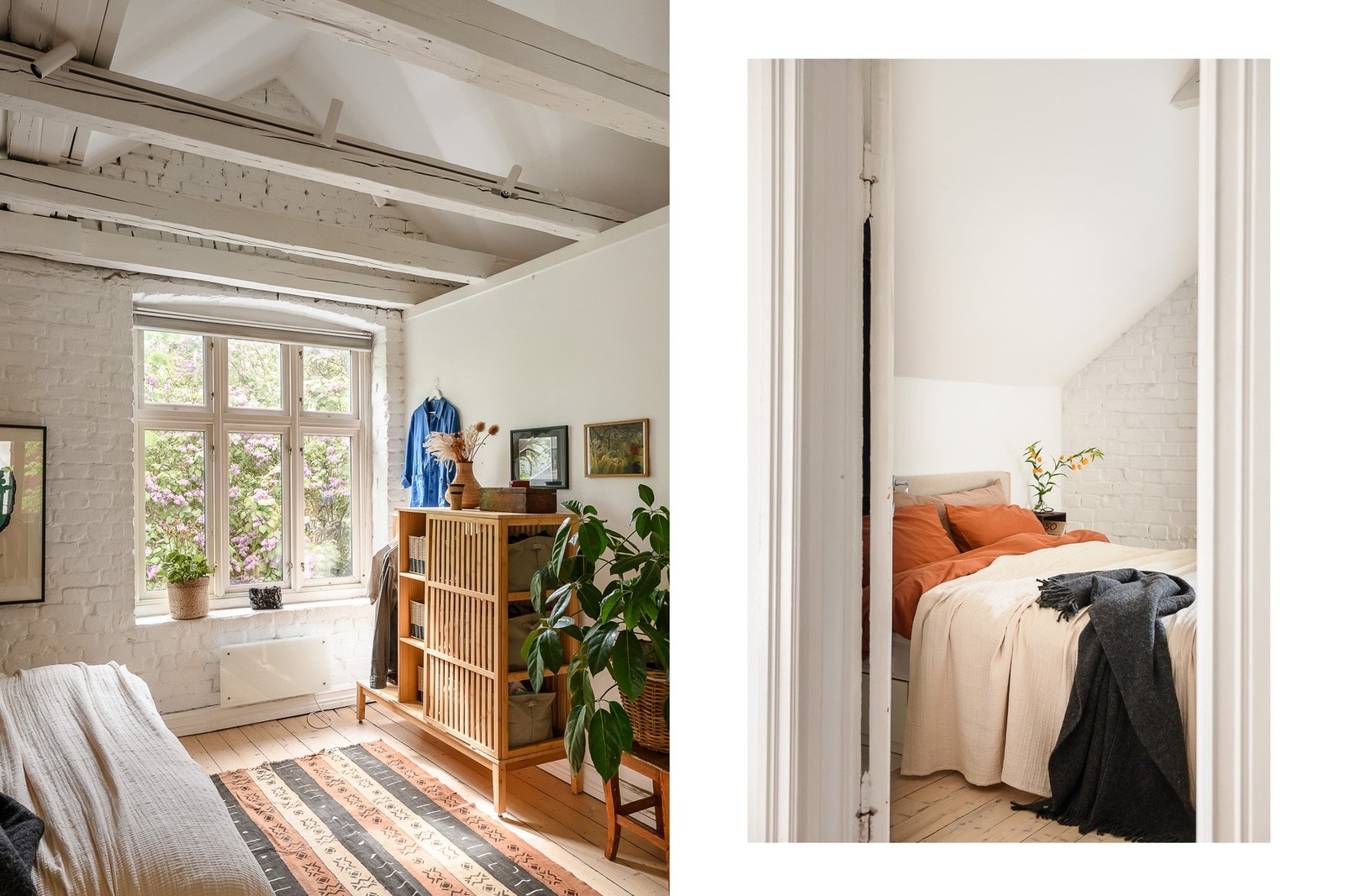 Hovedsoverommet har god plass til dobbeltseng og oppbevaring, med sjarmerende detaljer som synlige bjelker. Galleribilde