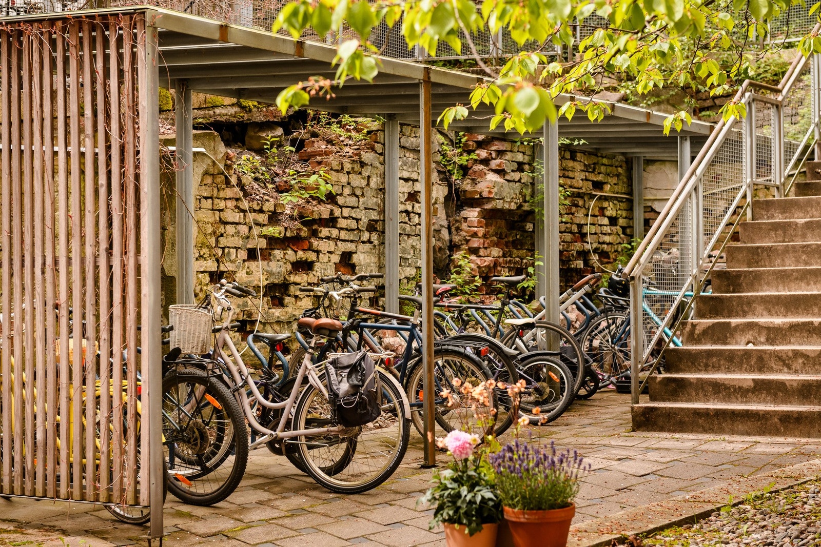 I bakgården er det overbygget sykkelparkering for beboerne. Galleribilde