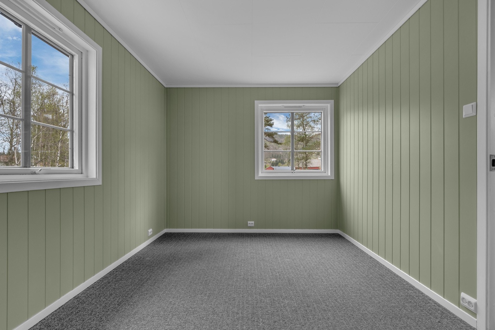 Romslig soverom med teppe på gulv og panelplater på veggene. Galleribilde