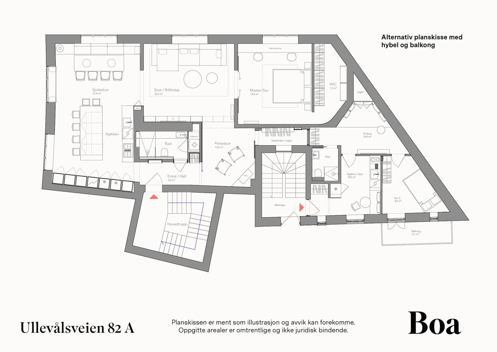 Alternativ planløsning som illustrerer potensialet for en utleiedel med egen inngang eller montering av balkong mot bakgården fra det innerste soverommet. Galleribilde