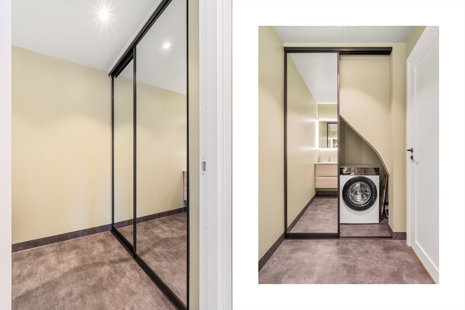 Også her har man en smart skyvedørsgarderobe hvor man får plass til vaskemaskin. Galleribilde