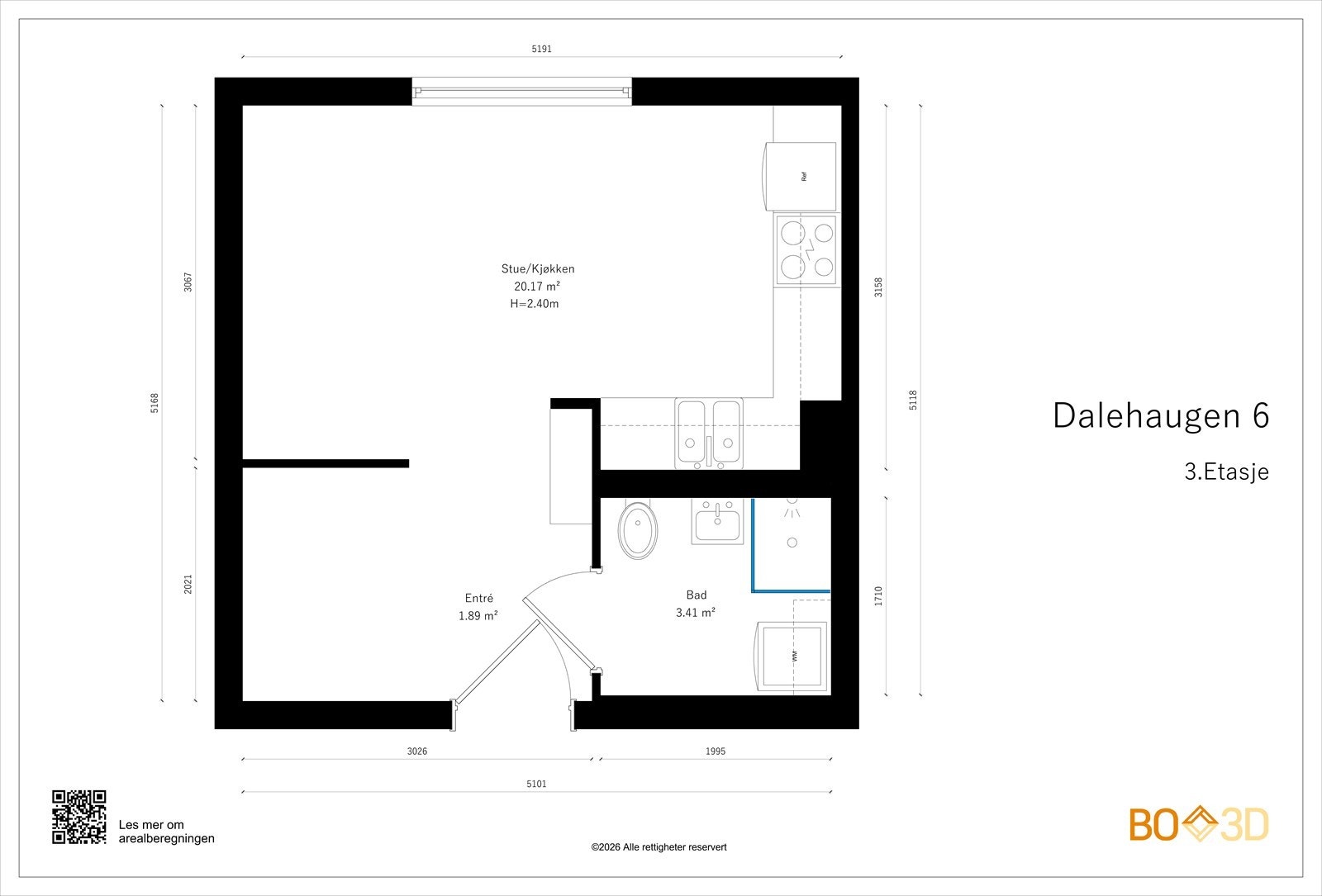 Planskisse. Leiligheten disponerer kjellerbod på 3,2m2. Galleribilde