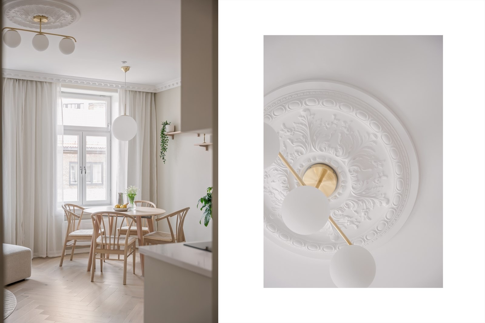 Leiligheten har fått fornyet stukkatur og rosett i 2026, som fremhever den opprinnelige byggestilen og tilfører rommene en elegant karakter. Galleribilde