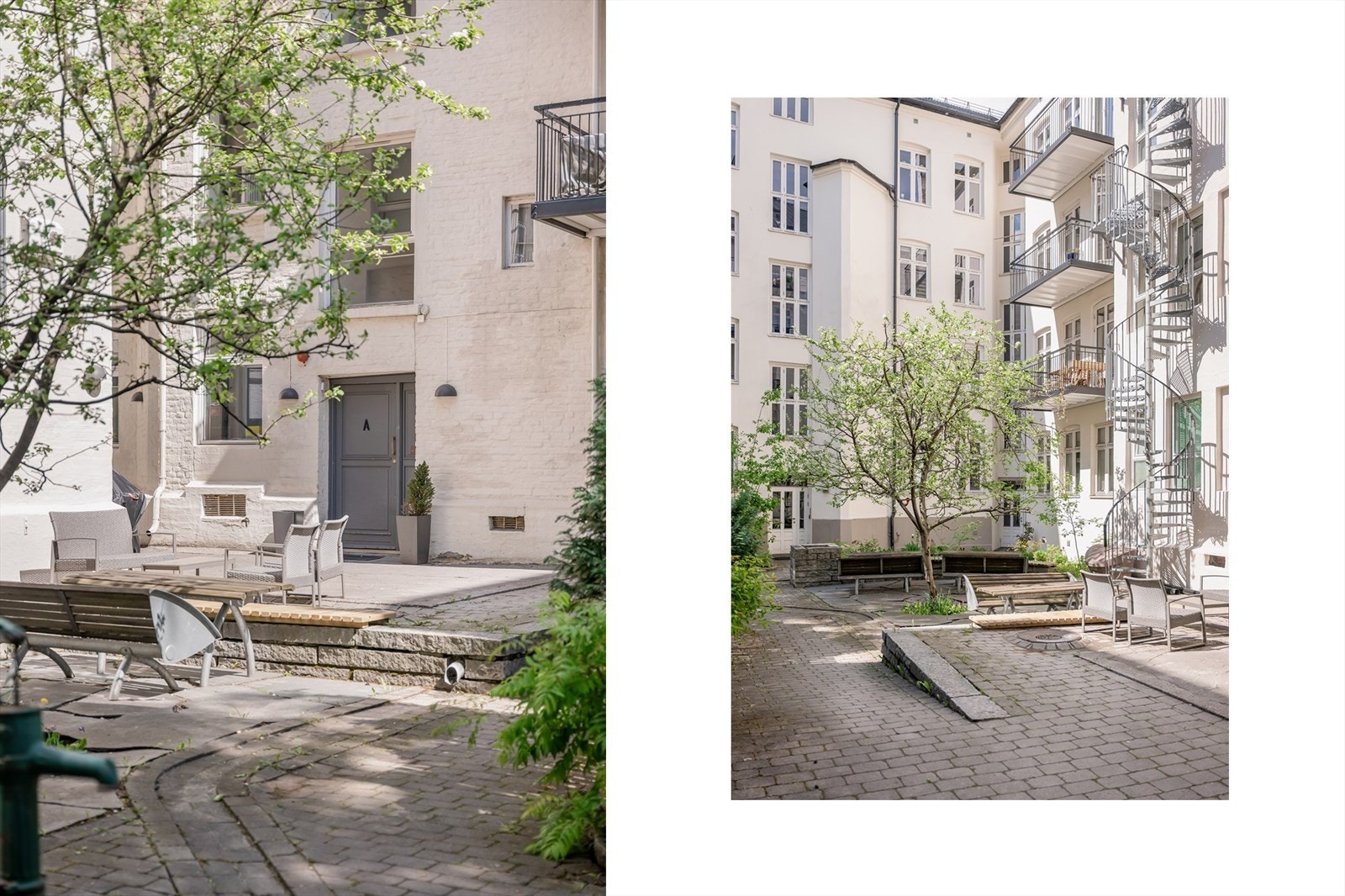 Sameiets felles bakgård er et hyggelig og skjermet uterom med sittegrupper. Galleribilde