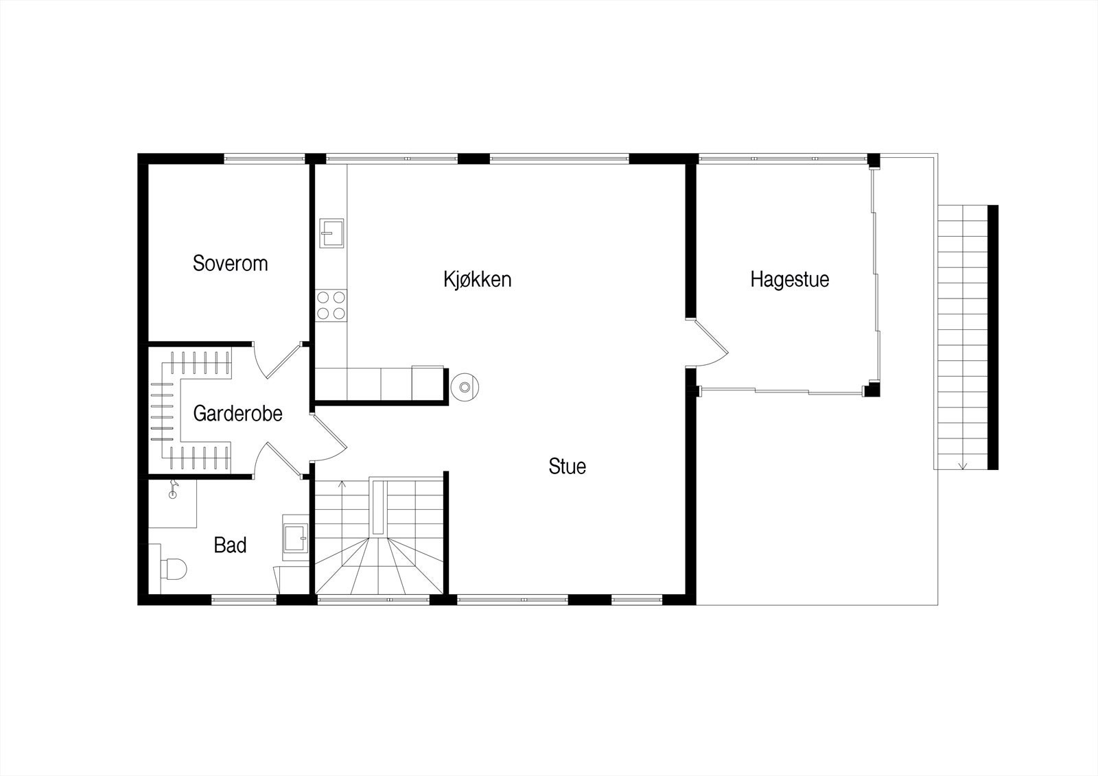 Første etasje har en åpen og sosial planløsning med stue og kjøkken, ett soverom med walk-in-closet og bad. Herfra er det utgang til uteområdet. Galleribilde