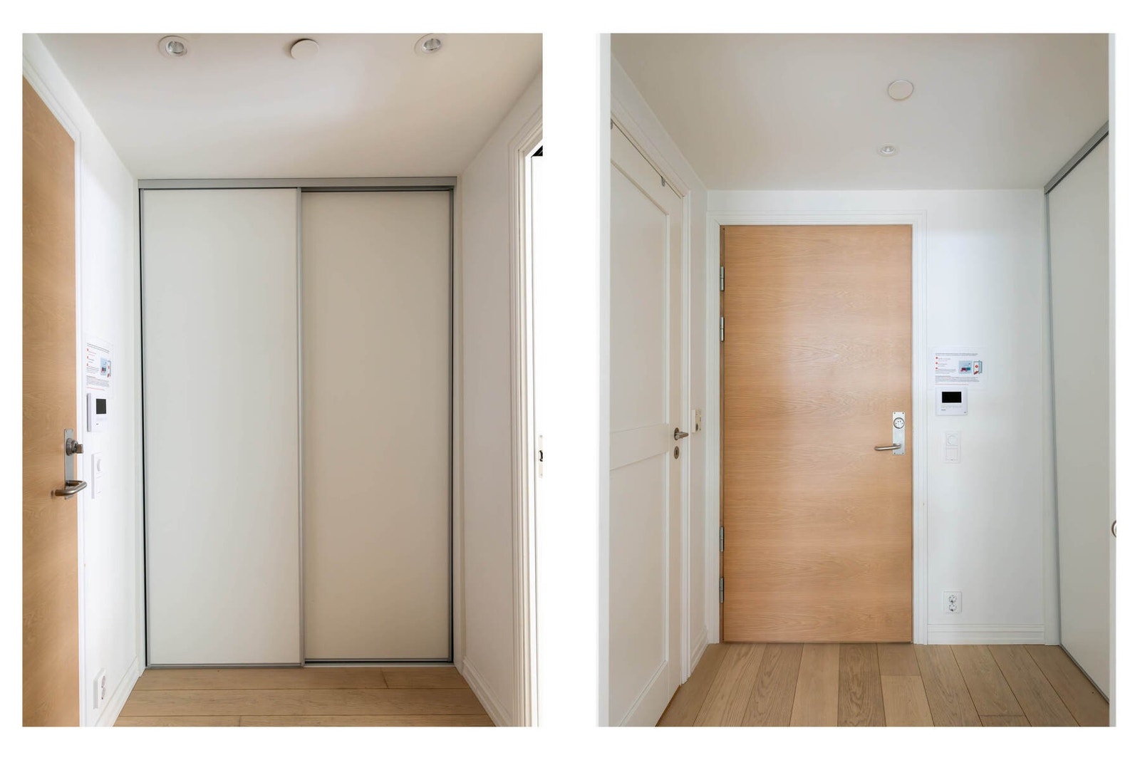 Entréen er lys og innbydende med enstavs eikeparkett på gulv og gode oppbevaringsmuligheter i skyvedørsgarderobe. Fra entréen er det adkomst til boligens øvrige rom, og den åpne løsningen gir et godt førsteinntrykk av leiligheten. Galleribilde