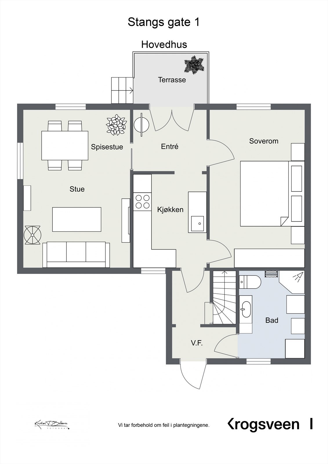 Huset har stue, kjøkken, soverom, bad og entré i 1. etasje og har loft på øvre plan. Galleribilde