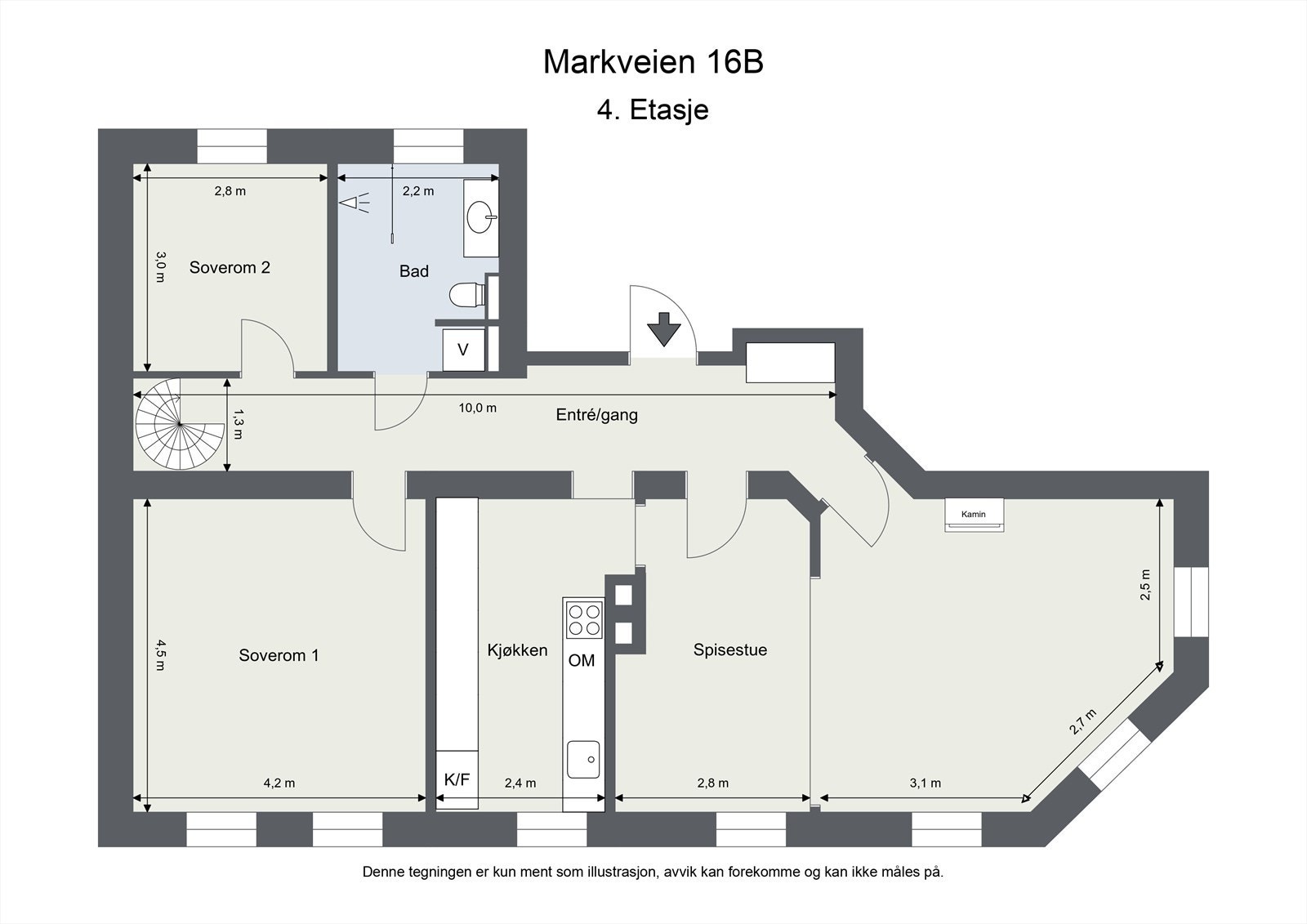 Leilighetens hovedplan har en arealeffektiv løsning med stue, spisestue, kjøkken, bad og to soverom. Galleribilde