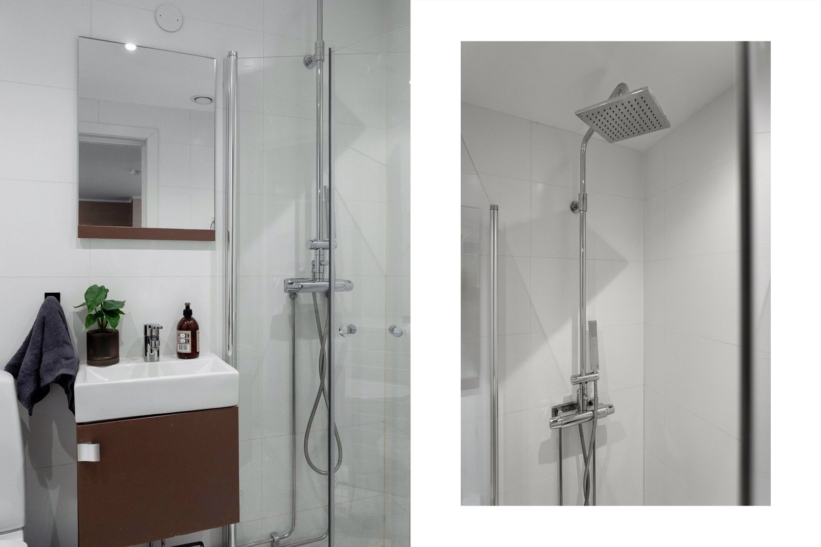Av baderomsinnredning er det dusj med svingbare glassdører, servant nedfelt i innredning, speil over servant og toalett. Det er både plass og opplegg for vaskemaskin. Galleribilde