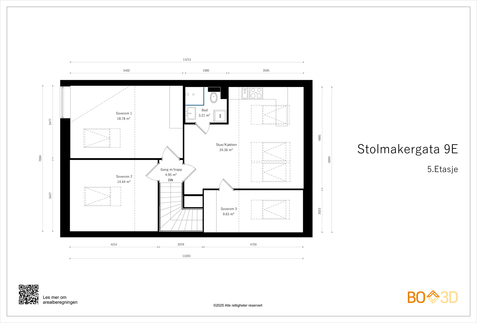 Plantegning for 5. etasje. Hybeldelen har eget baderom og kjøkkenkrok. Felles gang med de to øvrige soverommene. Galleribilde