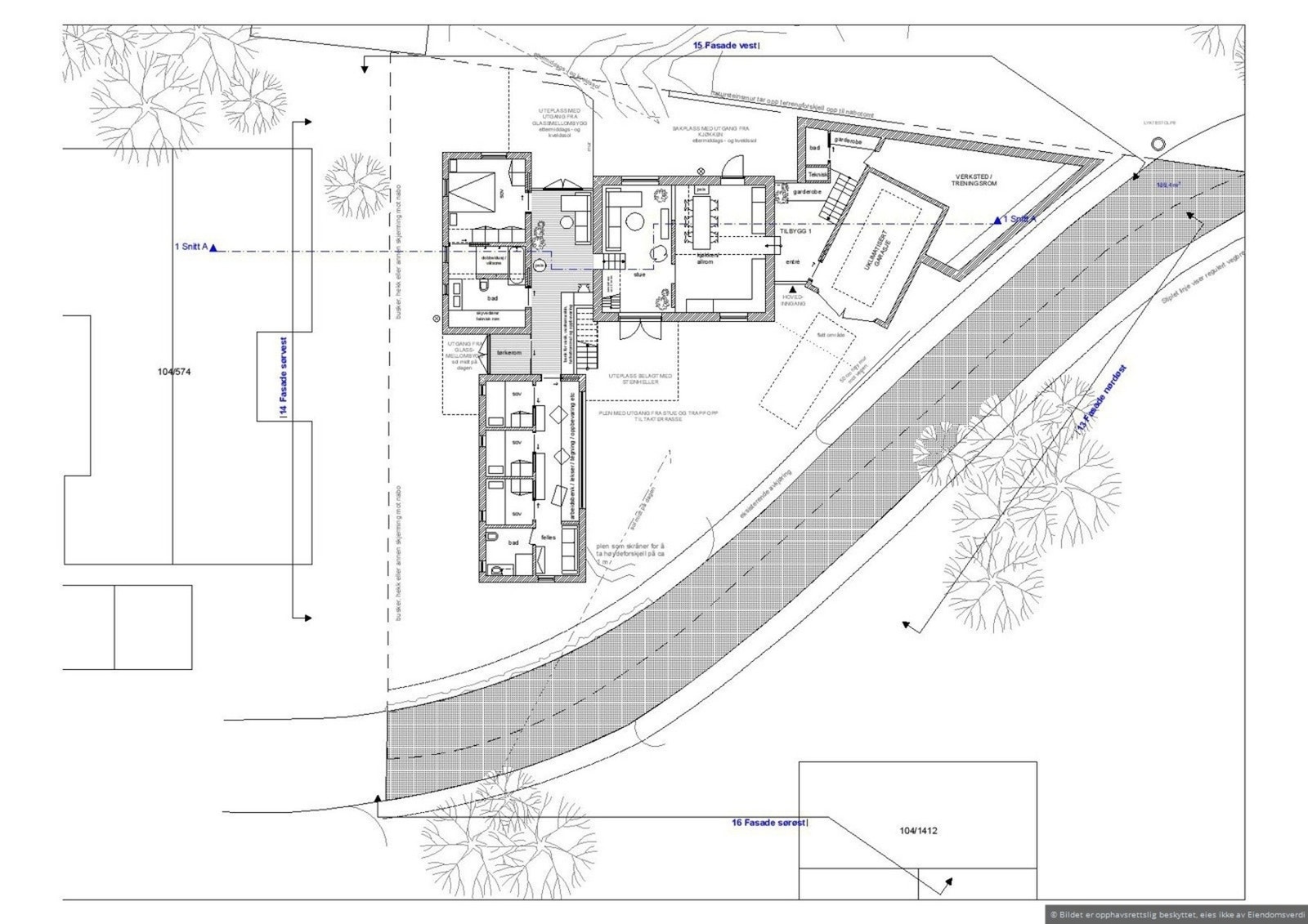 Arkitekttegning som viser utleiedel med 3 barnerom, bad og tv-stue. Galleribilde