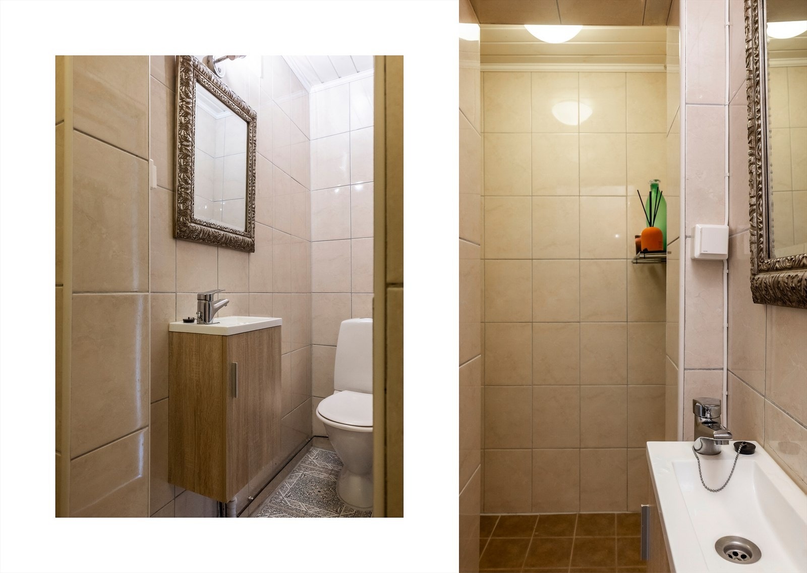Badet er lite og intimt, med beige fliser som gir en nostalgisk og rustikk karakter. Et enkelt, men sjarmerende rom som dekker behovene Galleribilde