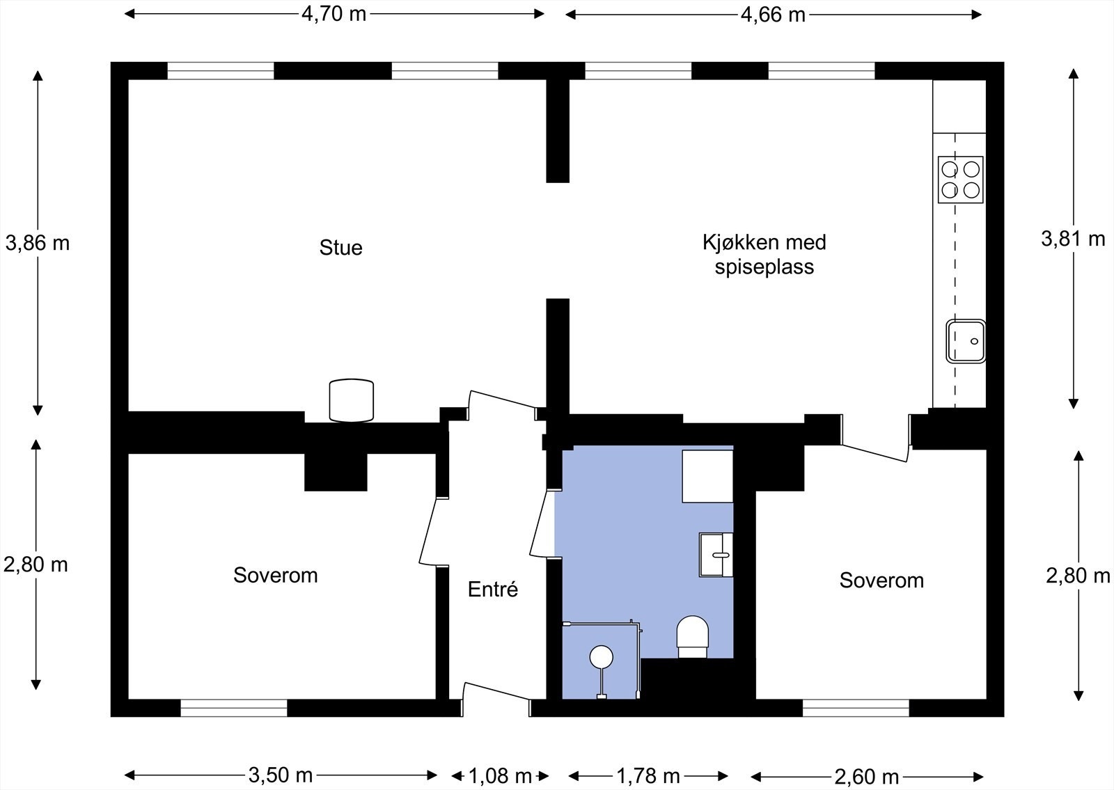 Planløsningen inkluderer stue, kjøkken med spiseplass, to soverom og bad. Leiligheten disponerer også to boder. Galleribilde