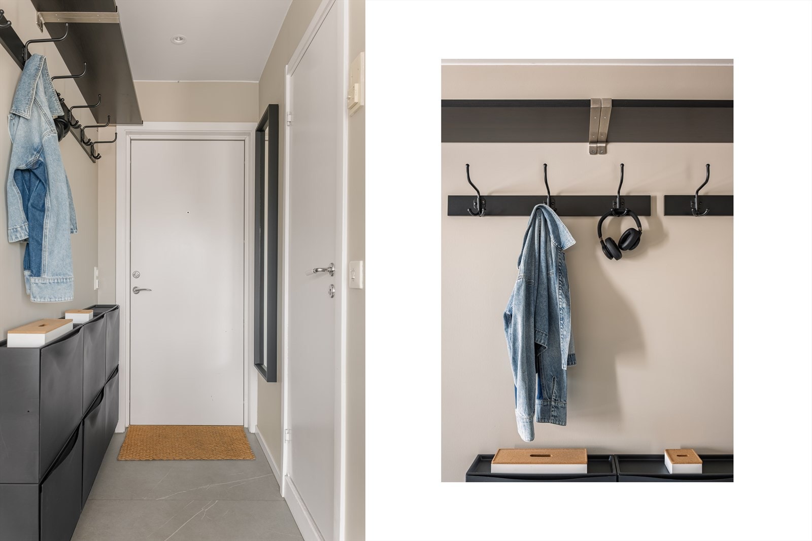 Innbydende entré med plass for yttertøy og sko. Gulvet er belagt med fliser med varmekabler under, veggene er slettmalte og det er installert downlights i himlingen. Galleribilde