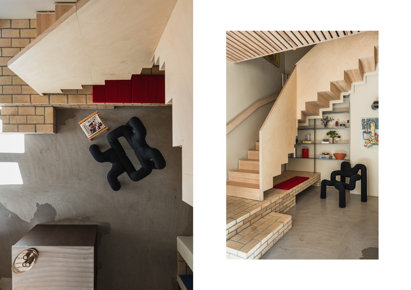 Den arkitekttegnede trappen i bjørk binder de to etasjene sammen. Galleribilde