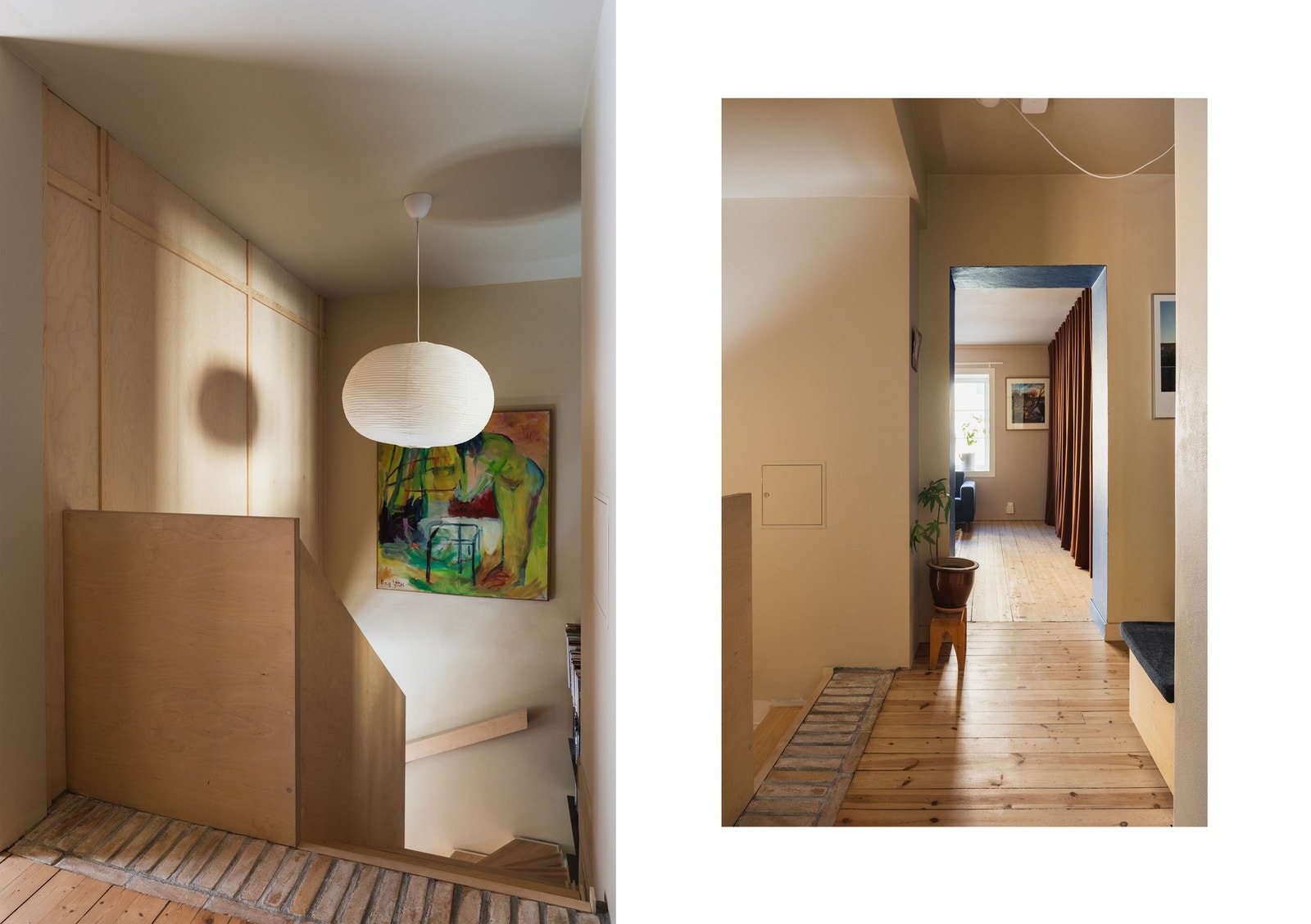 Fra gangen er det åpen forbindelse til stuen og trapperommet som leder ned til underetasjen. Galleribilde